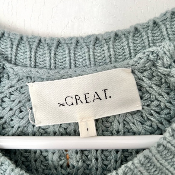 THE GREAT. The Bobble Sophomore Knit Cardigan in Dusty Blue/Honey Sz S - Picture 6 of 7